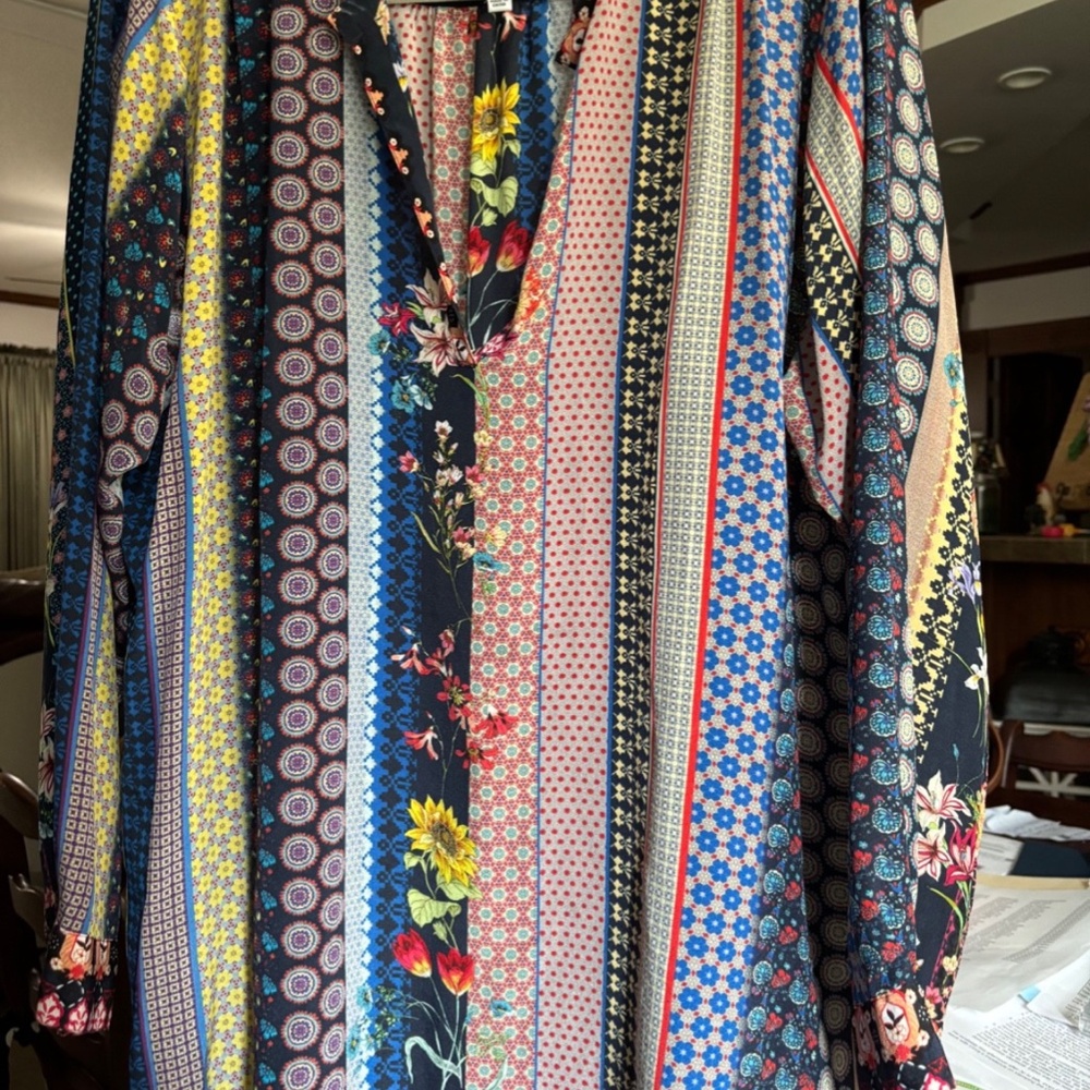 Johnny Was-Stripe-Floral-Silk Tunic-XL